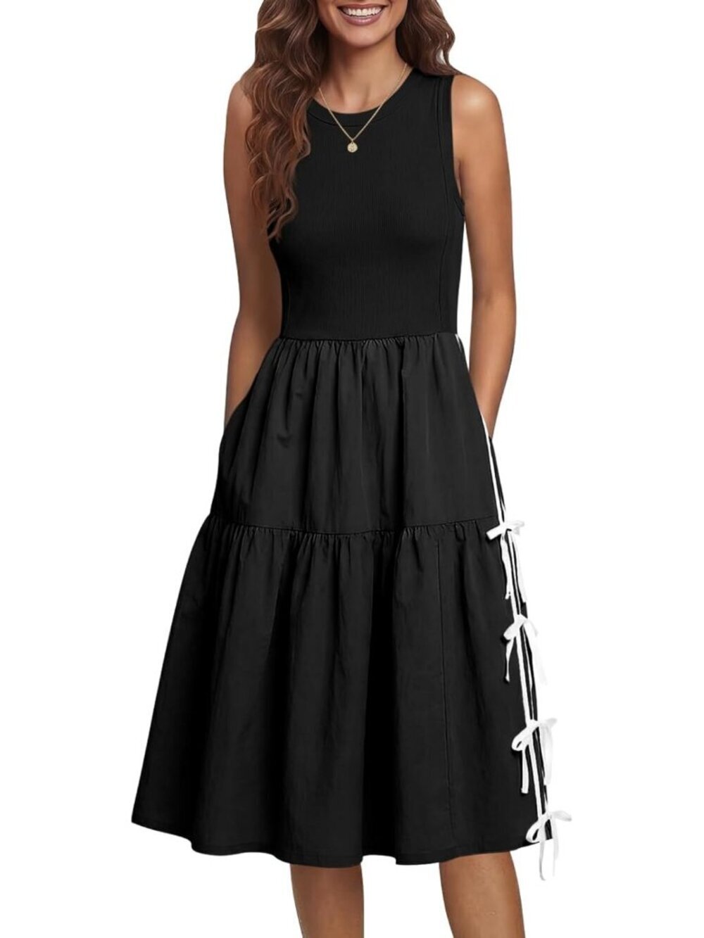 Women's Black Ribbed Knit Patchwork Self-tie Bow Loose Active Tank Midi Dresses